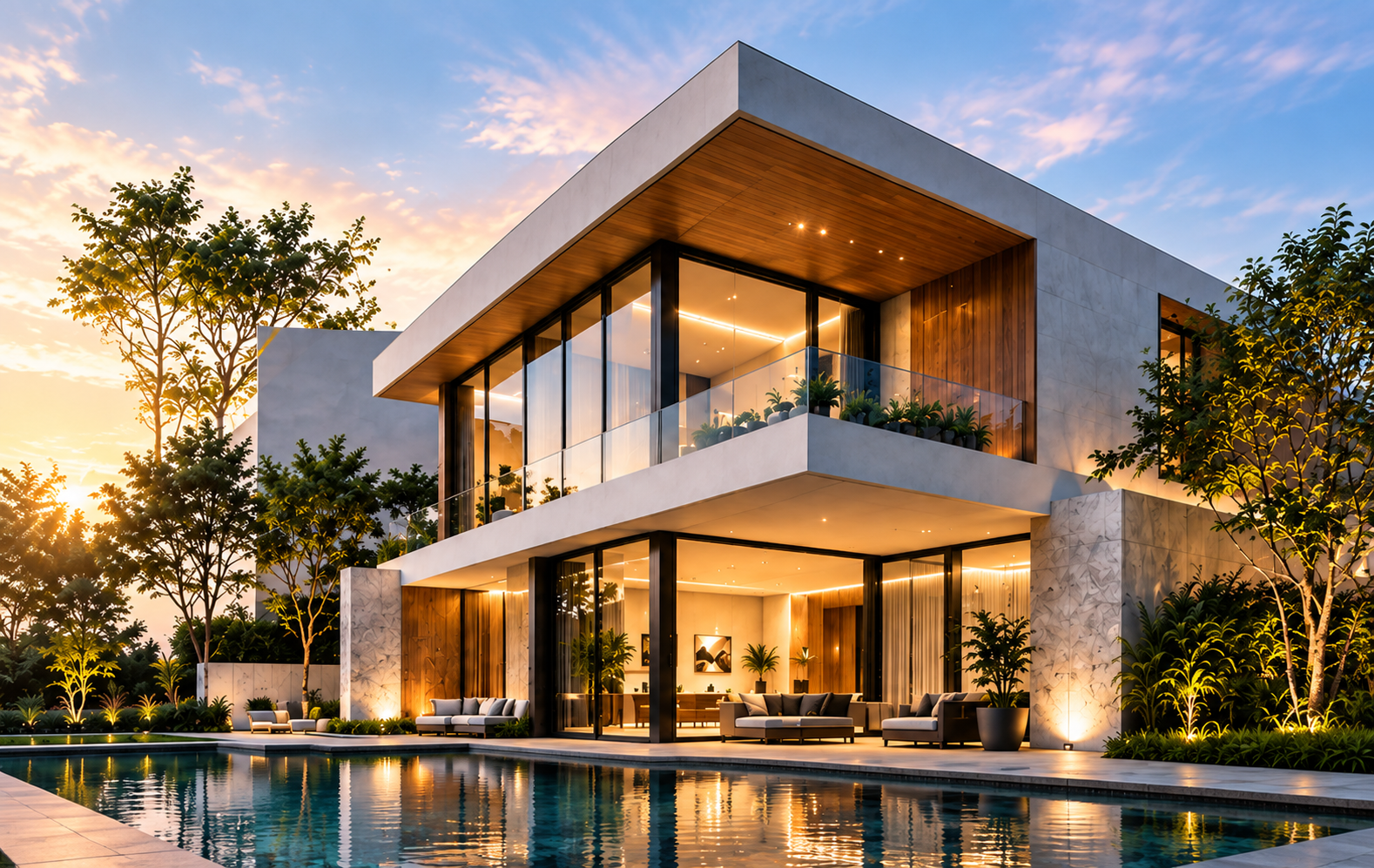 Modern luxury home with warm lighting, landscaped gardens and a pool